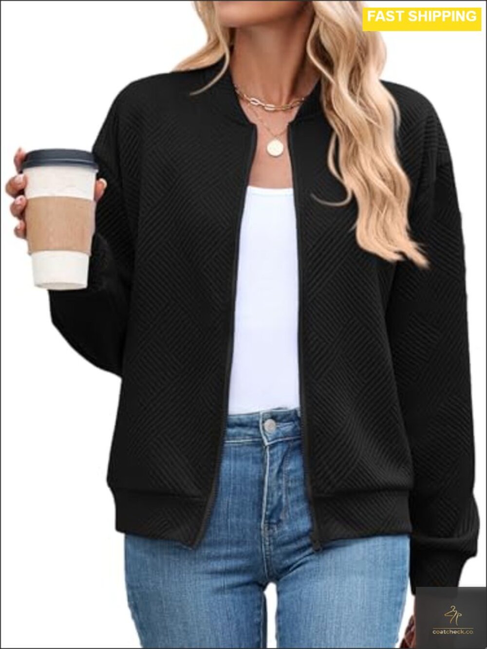 Textured Bomber Jacket Loose Fit Zip Up Long Sleeve Casual Outerwear